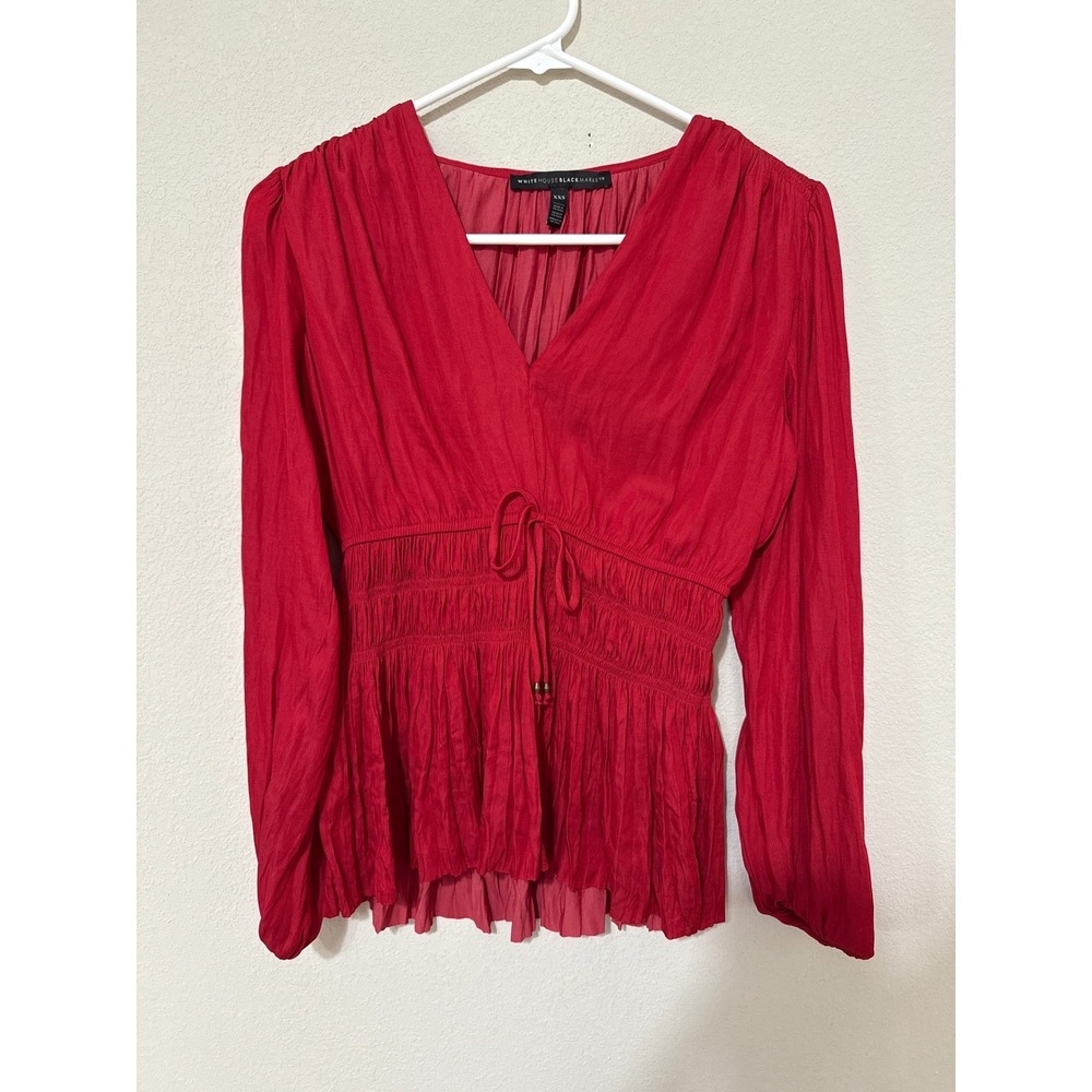 White House Black Market Peplum Blouse Womens XXS Red Smocked V-Neck Long Sleeve